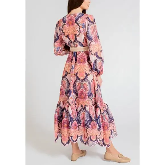 Zimmermann Laurel Billow Belted Puff Sleeve Midi Linen Dress Pink Purple - Picture 3 of 16